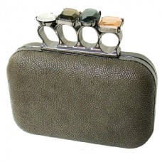 Evening Bag - 12 PCS - Small Jeweled Stones Knuckle Clutch Bags - Pewter - BG-EHP7103PT